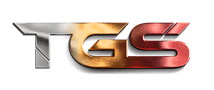 The TGS muscle cars logo, containing the three letters, each with a different metallic finish.